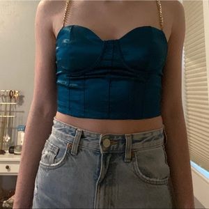 Cropped silk corset top with chain straps